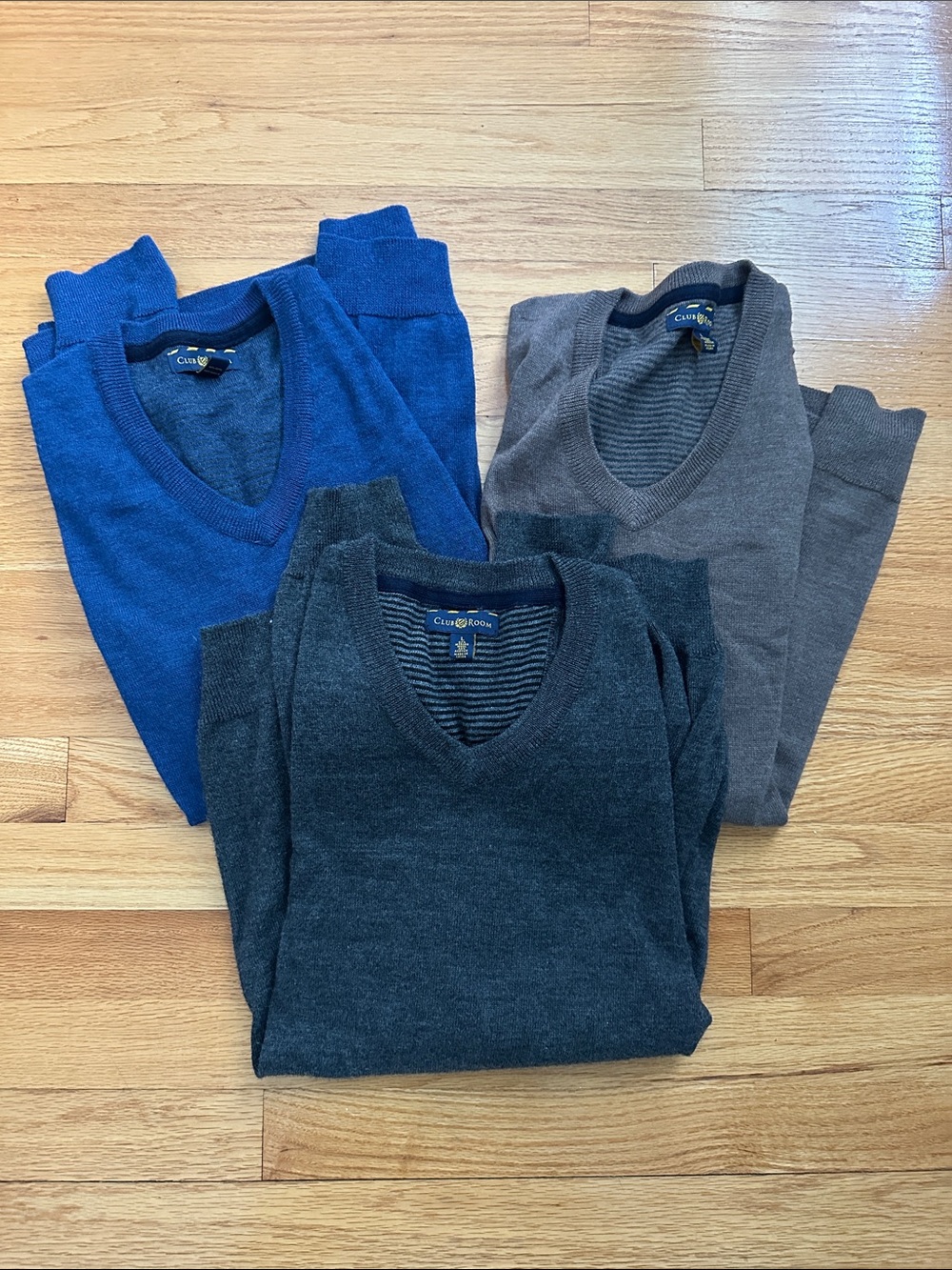 Club Room V-Neck Sweater Trio in Blue, Gray, and Brown